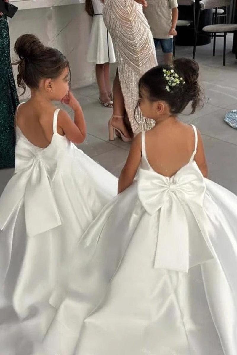 Elegant Satin Spaghetti Straps Back Big Bow Flower Girl Dresses 943918273899 - 7 Days / Ivory / 90cm - COCOMELODY